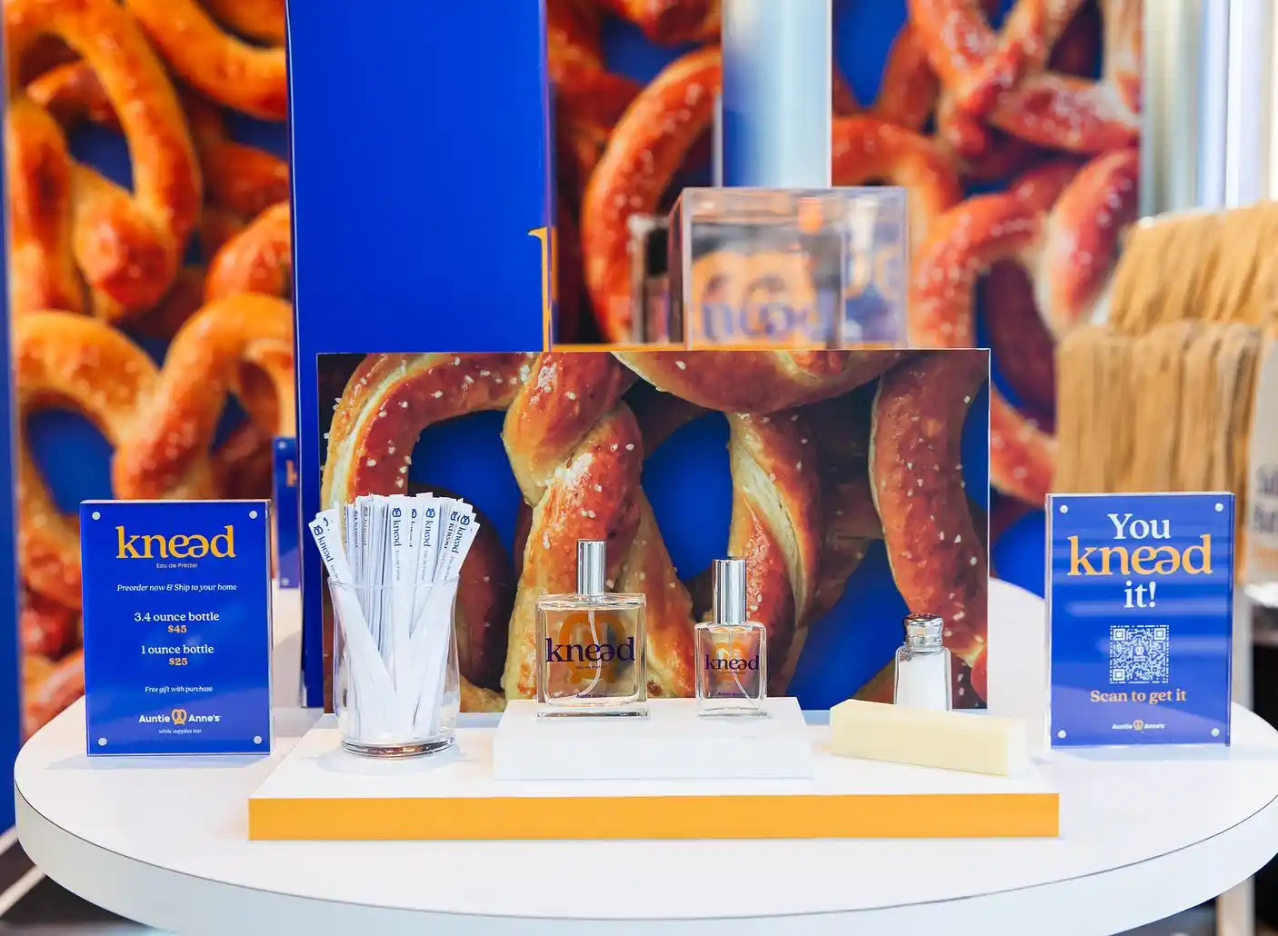 Glorifier display for perfume at knead, a Auntie Anne's fragrance popup